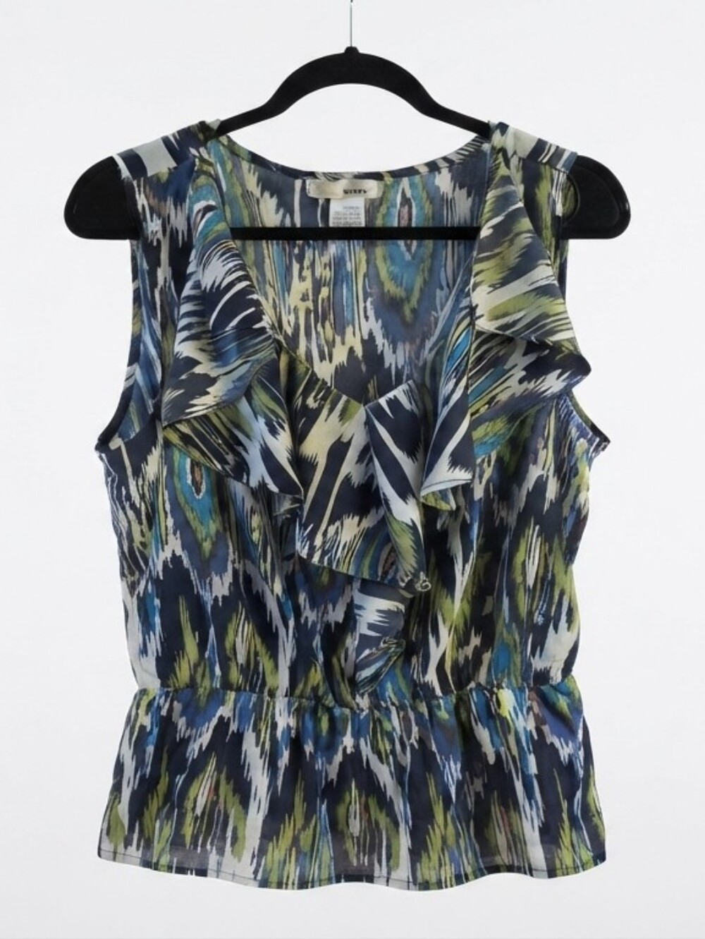 WD·NY Women's Abstract Geometric Print Sleeveless Ruffle Blouse Size L